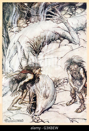 "Les nains querelle sur le corps du père" de Siegfried "& Le Crépuscule des dieux' illustré par Arthur Rackham (1867-1939). Voir la description pour plus d'informations. Banque D'Images