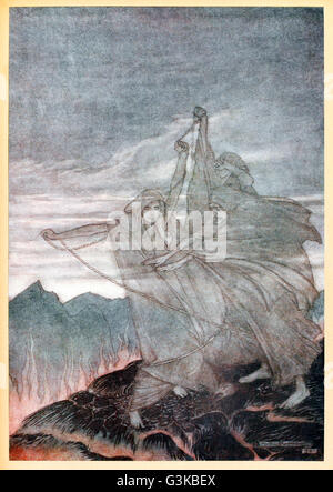 "Les nornes disparaissent" à partir de "& Siegfried Le Crépuscule des dieux' illustré par Arthur Rackham (1867-1939). Les trois Nornes rassembler à côté de Brünnhilde's rock, tissant la corde du destin, lorsque la corde se brise subitement ils disparaissent. Voir la description pour plus d'informations. Banque D'Images