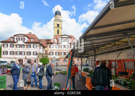 Marché avec des maisons jumelles' et 'Muenster St. Jean Baptiste, marché hebdomadaire, l'Allemagne, Bade-Wurtemberg, Taubertal, Mauvais Merg Banque D'Images