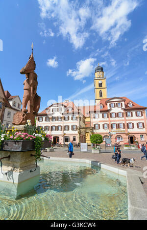 Bien marché avec knight sur place du marché avec les maisons jumelles' et 'Muenster St. Jean Baptiste, l'Allemagne, Bade-Wurtemberg, Taube Banque D'Images