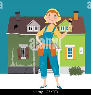 L'inversion d'une maison. Cartoon Femme en bleu de travail, avec des outils de construction près d'une maison divisée en avant et après Illustration de Vecteur