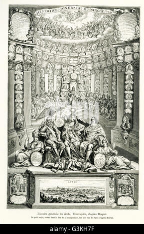 La légende de cette gravure se lit comme suit : "histoire générale du siècle. La petite image, inséré à la base de la pièce, est une vue de Paris par Merian.' Le siècle impliqué est le 17e (1600s). L'illustration a servi de frontispice et a été fait par Boquet. La bannière en haut se lit, en Français : Histoire générale du siècle 1700. Assis dans l'avant-garde sont les rois de France dans les années 1600 - Henry IV, Louis XIII, Louis XIV. Les membres du clergé sont en demi-cercle derrière. Banque D'Images