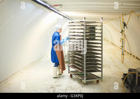 Worker wearing filet à cheveux, des bottes en caoutchouc et un tablier en poussant le chariot par l'intermédiaire du corridor de Banque D'Images