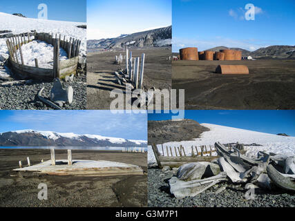 Vestiges de l'industrie baleinière en Antarctique - os de baleine, la baleine et la station vieux bateaux Banque D'Images