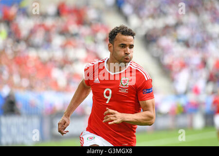 Hal Robson-Kanu de Galles au cours de Galles v Slovaquie Euro 2016 Groupe B à la Matmut Atlantique , Nouveau Stade de Bordeaux à Bordeaux, France le samedi 11 juin 2016. Banque D'Images