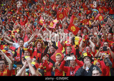 Lyon, France. 13 Juin, 2016. Fans de Belgique attendre avant l'Euro 2016 Groupe e match de football entre la Belgique et l'Italie à Lyon, France, le 13 juin 2016. © Zhang Fan/Xinhua/Alamy Live News Banque D'Images