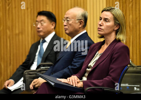 Vienne, Autriche. 13 Juin, 2016. (R POUR L'Union européenne (UE) pour les affaires étrangères) Federica Mogherini, Agence internationale de l'énergie atomique (AIEA) Yukiya Amano Directeur général et directeur général de l'Organisation des Nations Unies pour le développement industriel (ONUDI) Li Yong assister à la 20 e anniversaire du Traité d'interdiction complète des essais nucléaires (siège de l'ONU à Vienne, Autriche, le 13 juin 2016. Credit : Qian Yi/Xinhua/Alamy Live News Banque D'Images