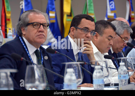 Santo Domingo, République dominicaine. 13 Juin, 2016. Image fournie par l'Organisation des États américains (OEA) montre Secrétaire général de l'OEA Luis Almagro (1ère L) et de la République dominicaine Le ministre des Affaires étrangères, M. Andres Navarro (2L) Participation à une réunion avec des représentants de l'ouverture de la 46e session ordinaire de l'Assemblée générale de l'OEA, à Santo Domingo, capitale de la République dominicaine, le 13 juin 2016. Credit : Francis Gerrero/SV/Xinhua/Alamy Live News Banque D'Images