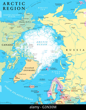 Carte politique de la région de l'Arctique avec les pays, les capitales, les frontières nationales, d'importantes villes, rivières et lacs. Banque D'Images