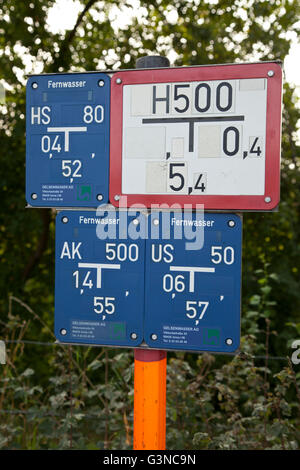 Des enseignes indiquant l'emplacement des conduites d'eau, Dortmund, Ruhr, Rhénanie du Nord-Westphalie, PublicGround Banque D'Images