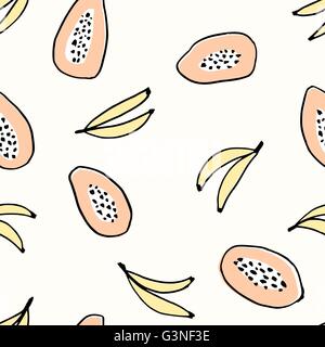 Motif répétitif sans couture à la main avec les bananes et les papayes sur fond crème. Textiles modernes, cartes de vœux, affiches, Illustration de Vecteur