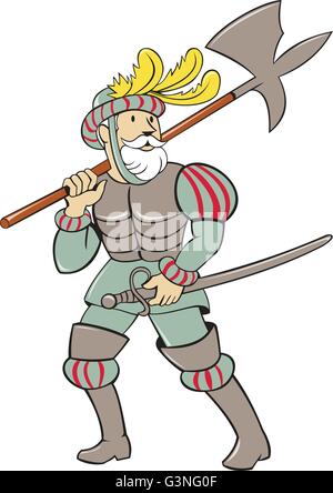 Illustration d'un conquistador espagnol ax holding permanent lance sur l'épaule et l'épée dans l'autre part à la recherche de la Illustration de Vecteur