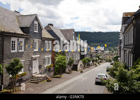 Vêtu de maisons en ardoise rue Schlossstrasse, Bad Berleburg, Wittgensteiner Land District, région du Sauerland Banque D'Images