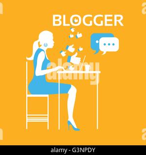 Silhouette Girl Blogger tapant coffre Illustration de Vecteur