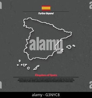 Royaume d'Espagne carte isolée et icônes de drapeau officiel espagnol. vecteur politique tracer ligne fine sur l'icône grunge background. Ge de l'UE Illustration de Vecteur