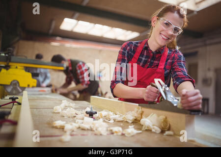 Portrait of female carpenter un nivellement avec jack avion bois Banque D'Images