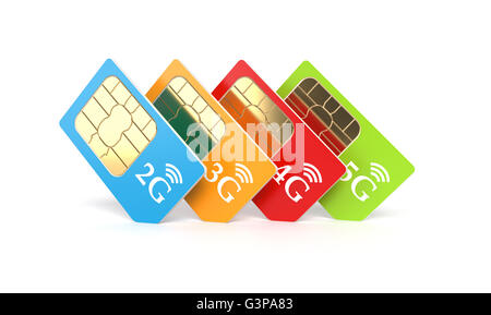Jeu de cartes SIM avec 2g, 3g, 4g, 5g sur l'icône de la technologie isolé sur fond blanc. Le rendu 3d illustration Banque D'Images