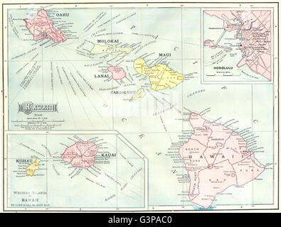 Les îles hawaïennes. Maui Molokai Oahu Honolulu, îles du Kauai 1907 map Banque D'Images