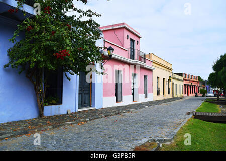 Maisons traditionnelles historique et rue pavée de la vieille ville de Colonia del Sacramento, Uruguay. Banque D'Images