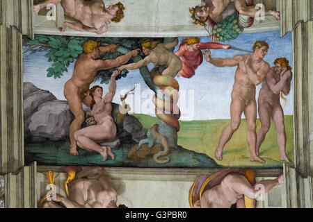 L'automne et l'expulsion du Jardin d'Eden, 1509-10, fresque, plafond de la Chapelle Sixtine, par Michel-Ange Buonarroti, Musées du Vatican, Banque D'Images