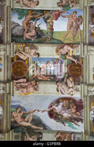 Création d'Adam et Eve et l'expulsion du Jardin d'Eden, fresques, plafond de la Chapelle Sixtine, par Michel-Ange Buonarroti, TVA Banque D'Images