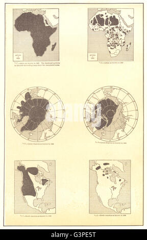 Les régions connues et inconnues en 1800 et 1900. L'Afrique. Arctique de l'Amérique du Nord, la carte 1907 Banque D'Images