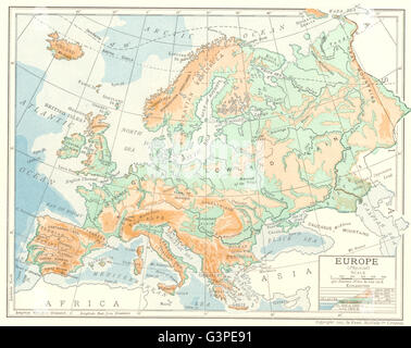 L'Europe (Physique). Plaines, montagnes carte antique 1907 Banque D'Images