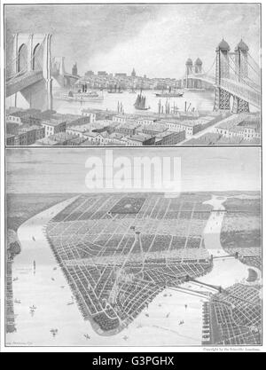 NEW YORK : pont de Brooklyn ; east river ; bird's eye view, antique print 1907 Banque D'Images