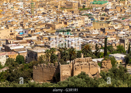 Vue sur la ville de Merenid tombes tombes ( Marinid ) sur la colline de Fès Fes ( SAF ) Ville, site du patrimoine de l'UNESCO au Maroc, l'Afrique Banque D'Images