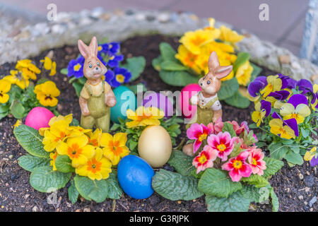 Les oeufs de Pâques colorés dans un pot de fleurs avec des fleurs violettes cornu Banque D'Images