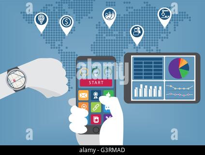 L'entreprise numérique mobile infographic with hand holding smart phone et regarder Illustration de Vecteur