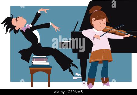 Little girl playing violin et petit garçon accompagnant son d'un piano, vector cartoon Illustration de Vecteur