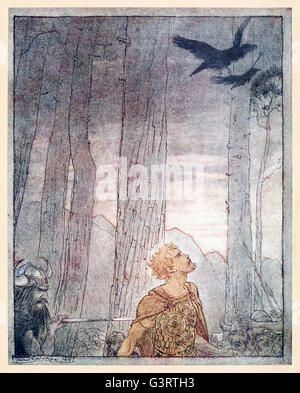 "La Mort de Siegfried" de Siegfried "& Le Crépuscule des dieux' illustré par Arthur Rackham (1867-1939). Hagen Siegfried poignarde dans le dos avec sa lance comme Wotan's les corbeaux. Voir la description pour plus d'informations. Banque D'Images