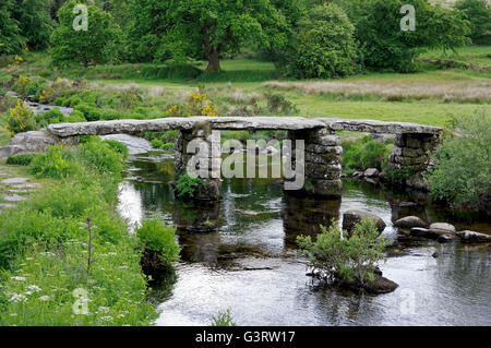 13e siècle clapper bridge sur l'est de la rivière Dart sur Dartmoor. Banque D'Images