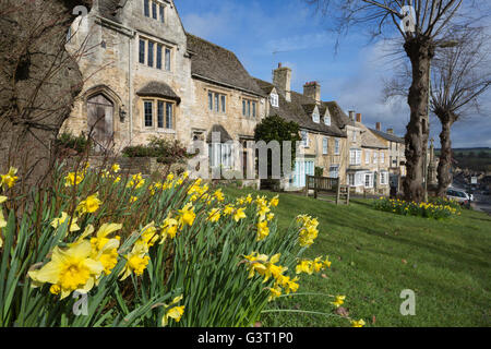 Cottages en pierre de Cotswold et les jonquilles le long de la colline, Cotswolds, Burford, Oxfordshire, Angleterre, Royaume-Uni, Europe Banque D'Images