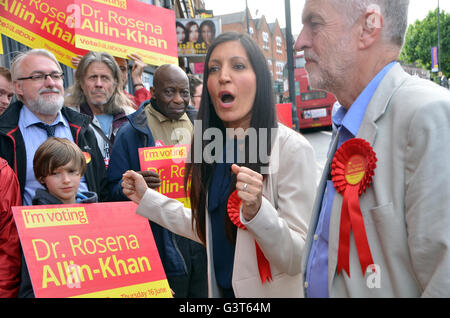 Tooting, Londres, Royaume-Uni. 14 Juin, 2016. Jeremy Corbyn le chef du parti travailliste pour soutenir Tooting visite candidat Dr Rosena qui Allin-Khan est debout dans l'élection par causée par le vide créé lorsque Sadiq Khan démissionné lorsqu'il est devenu maire de Londres. Credit : JOHNNY ARMSTEAD/Alamy Live News Banque D'Images