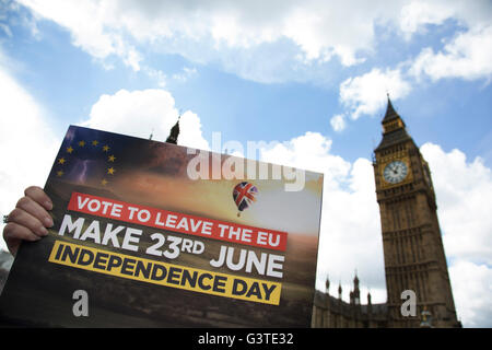 Londres, Royaume-Uni. 15 Juin, 2016. Comme une flottille de bateaux de pêche sur la Tamise arriver en dehors du Parlement, les manifestants se rassemblent pour les encourager dans le cadre de la campagne de laisser voter, de faire l'affaire pour Brexit référendum dans l'UE le 15 juin à Londres, Royaume-Uni. La flottille a été organisée par les patrons écossais dans le cadre de la campagne de pêche d'autorisation qui est contre la réglementation européenne de l'industrie de la pêche, et de la PCP Politique commune de la pêche. Crédit : Michael Kemp/Alamy Live News Banque D'Images