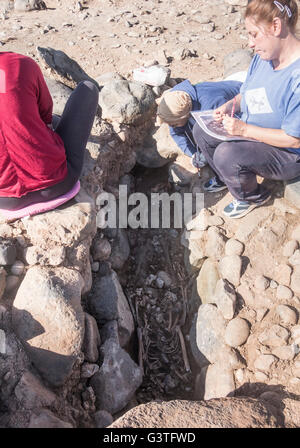 Pozo, Gran Canaria, Îles Canaries, Espagne, le 15 juin 2016. Les archéologues de l'examen d'un squelette à une sépulture autochtones sur la côte est de la Grande Canarie. 'Los Guanches', les premiers habitants des îles Canaries, on pense qu'ils ont été d'origine berbère d'Afrique du Nord. Le squelette est un homme, environ 45 ans, et l'on estime avoir été enterrés autour de 600 ans ( pas encore confirmé par la datation au carbone). Credit : Alan Dawson News/Alamy Live News Banque D'Images