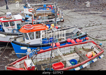 Des bateaux de pêche à marée basse dans le port de Coverack UK. Creeling pour crustacés et filet de poisson blanc sont tous deux partie de la pêcherie Banque D'Images