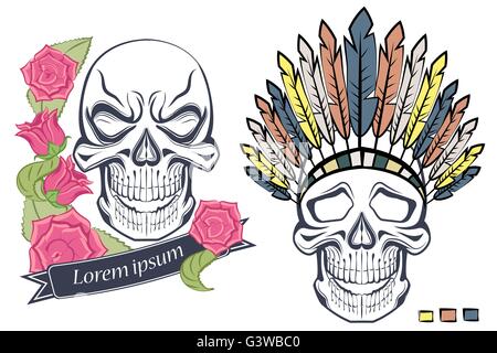 Crâne isolé dans un style old school, ethnique Illustration de Vecteur