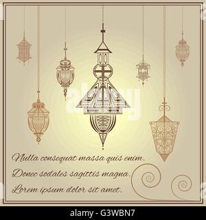 Carte de voeux vintage ornament ethniques avec des lanternes de style Illustration de Vecteur