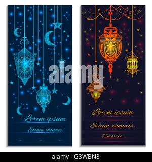 Cartes d'invitation avec des lumières, crescent, étoiles et lumières Illustration de Vecteur