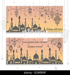 Set de cartes de vœux, invitations à caractère ethnique, avec la silhouette de mosquées et de texte, feux de félicitations étoiles, la lune Illustration de Vecteur