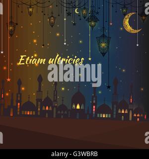 Carte de souhaits avec silhouette d'une mosquée et lanternes vintage, des étoiles Illustration de Vecteur