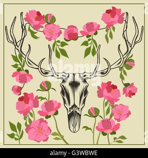 Crâne de cerf, fleurs de pivoines à bois Illustration de Vecteur