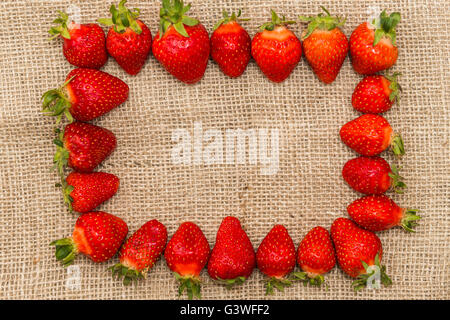 Cadre fabriqué à partir de fraises fraîches. Les fraises sur le sac. Cadre décoratif idée. Idée de carte de vœux. Banque D'Images