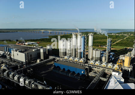 L'URUGUAY Fray Bentos , l'usine de pâte d'UPM produire sans chlore élémentaire (ECF) de la pâte à partir de bois d'eucalyptus FSC, capacité, 1 100 000 tonnes par an et l'usine produit de l'électricité et de la vapeur pour la consommation propre et de plus de 20 à 30 MW d'électricité pour le réseau national , ex-usine connue sous le nom de BOTNIA, rivière Rio Uruguay et le pont à l'Argentine / URUGUAY Fray Bentos , Zellulosefabrik Biomassekraftwerk und der UPM ( vorher BOTNIA ) Am Ufer des Fluss Uruguay Herstellung von Zellulose , Eukalytus FSC aus Holz fuer die Papierherstellung , ein eigenes Biomassekraftwerk produziert und Dampf Strom 40 MW Banque D'Images