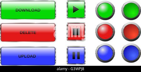 Vecteur. Boutons isolés. Les boutons en verre. Icônes de bouton Web pour internet : bouton play, stop, pause, barre de téléchargement, jusqu' Illustration de Vecteur