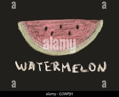 Tranche de pastèque sur fond noir. Illustration de fruits tropicaux. La pastèque rouge. Vecteur. Watermelon berry avec des graines. Illustration de Vecteur