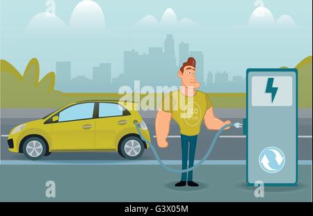 Chargement de l'homme sa voiture électrique à la gare Illustration de Vecteur